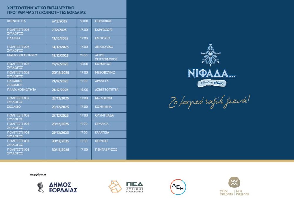 Η «Νιφάδα» φέρνει τη μαγεία των Χριστουγέννων στον Δήμο Εορδαίας. «Λευκή Νύχτα», Φωταγώγηση Χριστουγεννιάτικου Δέντρου και Θεματικό Πάρκο «Χριστουγεννιάτικος Κόσμος»